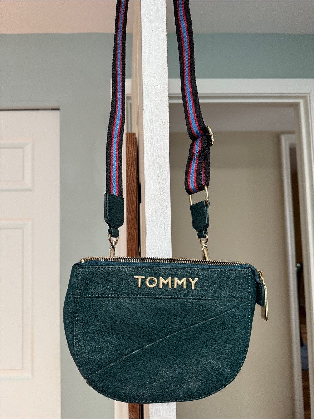 Tommy Hilfiger Kelly Green Crossbody with Striped Strap